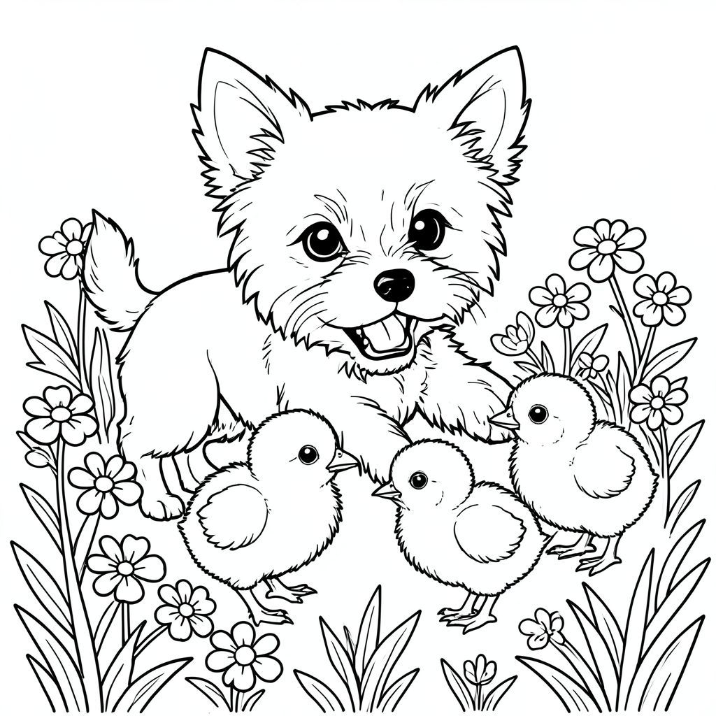 một chú chó con Yorkie trong cánh đồng hoa gầm gừ và chơi với bốn chú gà con lông xù