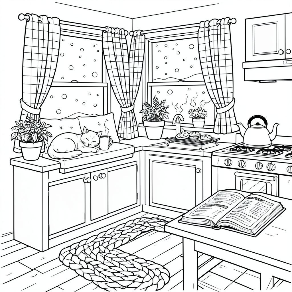 Lời nhắc: Nội thất nhà bếp ấm áp với cửa sổ hiển thị tuyết rơi bên ngoài, một con mèo ngủ trên ghế cửa sổ có đệm, cốc hấp trên quầy, bánh quy nguội trên giá, ấm đun nước trên bếp, rèm ca rô, chậu thảo mộc trên bệ cửa sổ, sàn gỗ với thảm bện, mở sách công thức trên bàn, nghệ thuật đường nét đen trắng,  phong cách sách tô màu trẻ em, đường viền dày sạch sẽ, độ tương phản cao, chi tiết đơn giản, nền chi tiết ấm cúng.

Các yếu tố ấm cúng: Tuyết bên ngoài so với hơi ấm bên trong, mèo ngủ, hơi nước bốc lên, bánh quy, kết cấu mềm mại của thảm và rèm cửa.