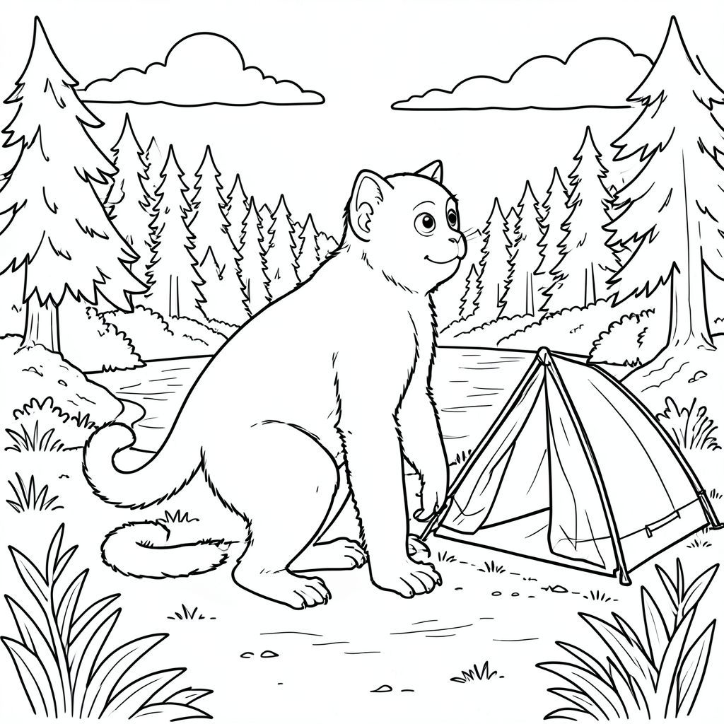 Độc lập, Linh trưởng đơn, Hai cánh tay, Hai chân, Một đuôi, Đúng giải phẫu, con mèo, Chi tiết, cảnh, Ngoài trời, Cắm trại, lều, hồ, phong cảnh, thực tế, Nghệ thuật đường, Độc thân, Đơn sắc, Phức tạp, kiệt tác, Bản vẽ, hình minh họa, và trắng, Không bóng, không màu, lý lịch, rừng, cây cối, Bầu trời, Ánh sáng mặt trời, bóng tối, chiều sâu, phối cảnh, Thành phần, tiêu điểm, chi tiết, kết cấu, trang màu, Nghệ thuật đường, Nền trắng Nhắc nhở tiêu cực: hai đầu,  hai đầu, đầu phụ, hai đuôi, đuôi phụ, hai thân cây, thân phụ, năm chân, thêm chân, ba chân, sáu chân, ba cánh, thêm cánh, đột biến, biến dạng, giải phẫu xấu, thừa chi, hợp nhất, dính liền, trùng lặp, nhiều động vật, nhiều đối tượng, bảng tính cách, xấu xí, bệnh hoạn, đột biến, biến dạng, tứ chi dị dạng, quá nhiều chân, quá nhiều đuôi