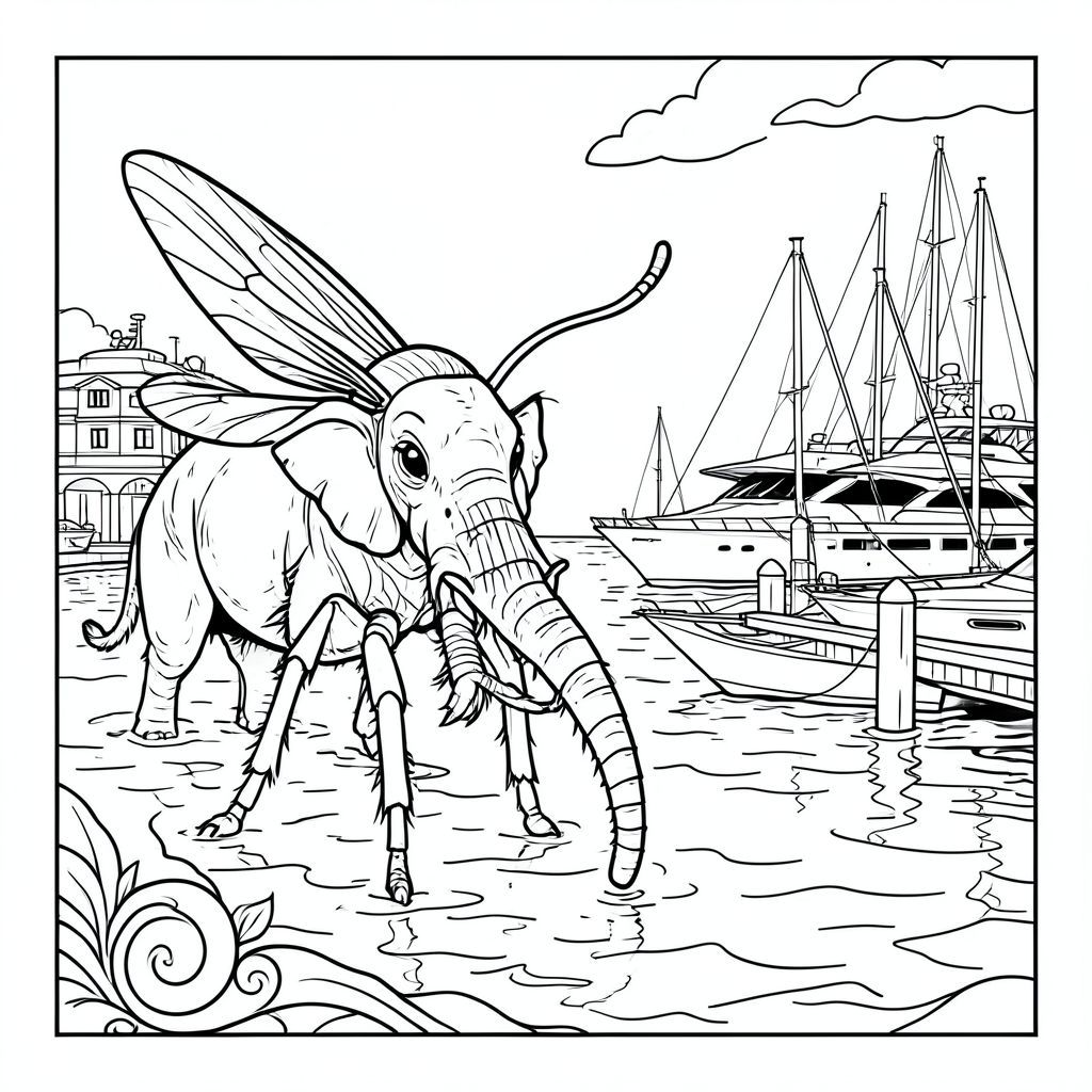 Độc thoại, Côn trùng đơn, Sáu chân, Đúng về mặt giải phẫu, Chi tiết, cảnh, Voi, Thực tế, Bến du thuyền, Bến tàu, Du thuyền, Nước, Phức tạp, Nghệ thuật đường nét, và trắng, Độc thân, kiệt tác, Art Nouveau, hình minh họa, Đơn sắc, Không có bóng, Không màu, Nội thất trắng, lý lịch, Chi tiết, phức tạp, phối cảnh, mạnh mẽ, Tiêu điểm, thanh lịch, hùng vĩ, trang màu, Nghệ thuật đường, Nền trắng Nhắc nhở tiêu cực: hai đầu, hai đầu, thêm đầu, hai đuôi,  đuôi phụ, hai thân cây, thân phụ, năm chân, chân phụ, ba chân, sáu chân, ba cánh, thêm cánh, đột biến, biến dạng, giải phẫu xấu, thừa chi, hợp nhất, dính liền nhau, trùng lặp, nhiều động vật, nhiều đối tượng, bảng tính cách, xấu xí, bệnh hoạn, đột biến, biến dạng, tứ chi dị dạng, quá nhiều chân, quá nhiều đuôi