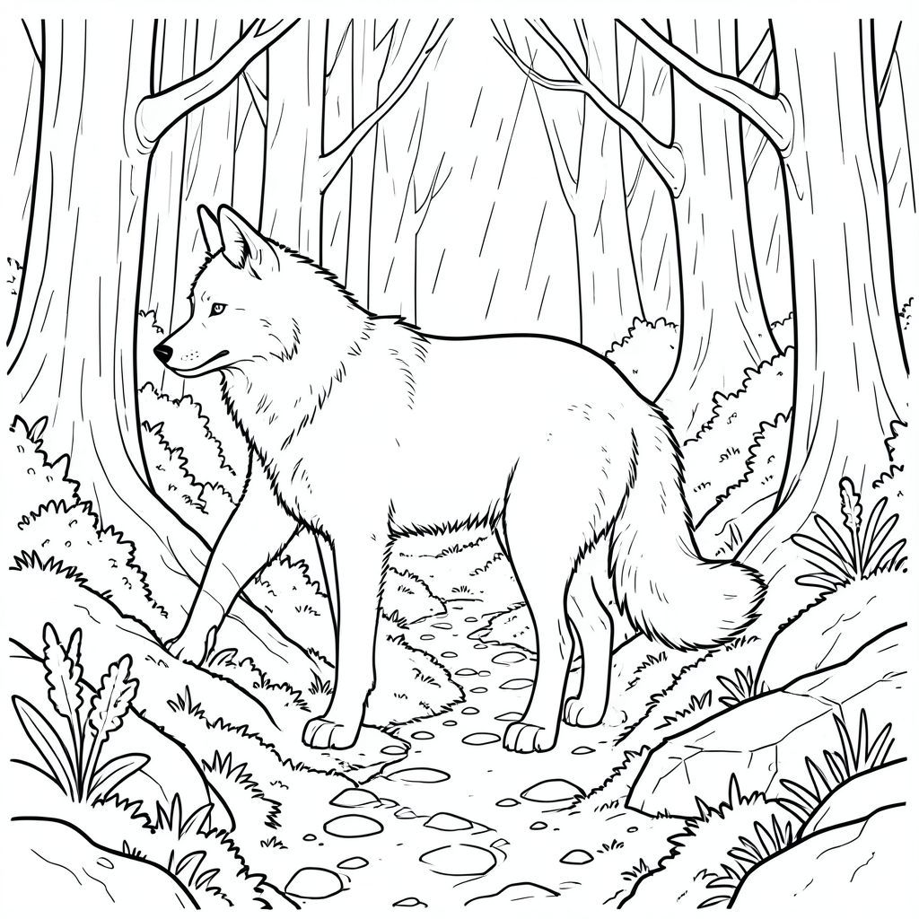 solo, một con vật, bốn chân, một đầu, một đuôi, đúng giải phẫu, sói, đơn độc, rừng, dày đặc, bóng, mưa, rêu, đá, xưa, con đường, quanh co, chạng vạng, , thực tế, chi tiết, hình minh họa, và trắng, nghệ thuật đường nét, kiệt tác, trang màu, nghệ thuật đường, nền trắng Nhắc nhở tiêu cực: hai đầu, hai đầu, thêm đầu, hai đuôi, đuôi phụ, hai thân cây, thêm thân cây, năm chân, thêm chân,  ba chân, sáu chân, ba cánh, thêm cánh, đột biến, biến dạng, giải phẫu xấu, thừa chi, hợp nhất, dính liền nhau, trùng lặp, nhiều động vật, nhiều đối tượng, bảng tính cách, xấu xí, bệnh hoạn, đột biến, biến dạng, tứ chi dị dạng, quá nhiều chân, quá nhiều đuôi