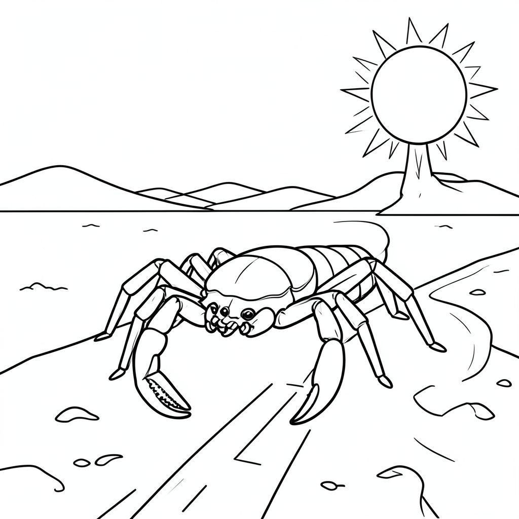 solo, Nhện đơn, tám chân, một cơ thể, đúng giải phẫu, Bọ cạp, sa mạc, đường, nhiệt, mặt trời, cát, chi tiết, phức tạp, nghệ thuật đường, Đơn sắc, rõ ràng, Tối giản, lý lịch, rộng lớn, khô cằn, trang màu, nghệ thuật đường nét, nền trắng Nhắc nhở tiêu cực: hai đầu, hai đầu, thêm đầu, hai đuôi, thêm đuôi, hai thân cây, thêm cốp, năm chân, thêm chân, ba chân, sáu chân, ba cánh,  đôi cánh thừa, đột biến, biến dạng, giải phẫu xấu, thừa chi, hợp nhất, dính liền, trùng lặp, nhiều động vật, nhiều đối tượng, bảng nhân vật, xấu xí, bệnh hoạn, đột biến, biến dạng, tứ chi dị dạng, quá nhiều chân, quá nhiều đuôi