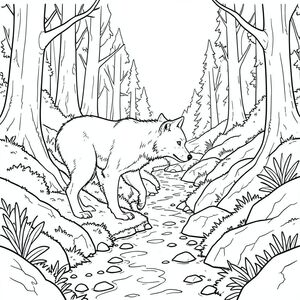 Độc lập, Linh trưởng đơn, hai cánh tay, hai chân, một đuôi, đúng giải phẫu, sói, đơn độc, rừng, , đá, rêu phong, xưa, Phong hóa, con đường, suối, Ánh sáng mặt trời, bóng, Chi tiết, thực tế, phối cảnh, Toàn cảnh, rộng, thung lũng, phong cảnh, Thành phần, mạnh mẽ, Hình bóng, trang tô màu, nghệ thuật đường nét, nền trắng Nhắc nhở tiêu cực: hai đầu, hai đầu, đầu phụ, hai đuôi, thêm đuôi, hai thân cây, thêm thân cây, năm chân,  thừa chân, ba chân, sáu chân, ba cánh, thêm cánh, đột biến, biến dạng, giải phẫu xấu, thừa chi, hợp nhất, dính liền nhau, trùng lặp, nhiều động vật, nhiều đối tượng, bảng nhân vật, xấu xí, bệnh hoạn, đột biến, biến dạng, tứ chi dị dạng, quá nhiều chân, quá nhiều đuôi