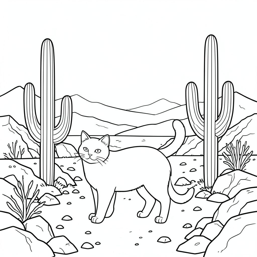 Độc lập, một con vật, bốn chân, một đầu, một đuôi, đúng giải phẫu, con mèo, xương rồng, sa mạc, đất đá, xương rồng saguaro, thân cây cao, hoang vắng, khô cằn, ánh sáng mặt trời, phong cảnh, địa hình, sự hình thành đá, khoáng chất, bụi, gió, sương mù, bầu trời, những ngọn núi xa xôi, ấm áp, , kết cấu, khô, cằn cỗi, mở rộng, rộng lớn, đơn giản, khắc nghiệt, đơn sắc, tuyến tính, hình minh họa, nghệ thuật đường nét, và trắng, thang độ xám, tối thiểu, trang màu, nghệ thuật đường, nền trắng,  trang màu, nghệ thuật đường nét, nền trắng, Lời nhắc tiêu cực: hai đầu, hai đầu, thêm đầu, hai đuôi, thêm đuôi, hai thân cây, thêm thân cây, năm chân, thêm chân, ba chân, sáu chân, ba cánh, thêm cánh, đột biến, biến dạng, giải phẫu xấu, thừa chi, hợp nhất, dính, trùng lặp, nhiều động vật, nhiều đối tượng, bảng nhân vật, xấu xí, bệnh hoạn, đột biến, biến dạng, chân tay dị dạng, quá nhiều chân,  quá nhiều đuôi