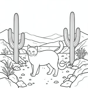 Độc lập, một con vật, bốn chân, một đầu, một đuôi, đúng giải phẫu, con mèo, xương rồng, sa mạc, đất đá, xương rồng saguaro, thân cây cao, hoang vắng, khô cằn, ánh sáng mặt trời, phong cảnh, địa hình, sự hình thành đá, khoáng chất, bụi, gió, sương mù, bầu trời, những ngọn núi xa xôi, ấm áp, , kết cấu, khô, cằn cỗi, mở rộng, rộng lớn, đơn giản, khắc nghiệt, đơn sắc, tuyến tính, hình minh họa, nghệ thuật đường nét, và trắng, thang độ xám, tối thiểu, trang màu, nghệ thuật đường, nền trắng,  trang màu, nghệ thuật đường nét, nền trắng, Lời nhắc tiêu cực: hai đầu, hai đầu, thêm đầu, hai đuôi, thêm đuôi, hai thân cây, thêm thân cây, năm chân, thêm chân, ba chân, sáu chân, ba cánh, thêm cánh, đột biến, biến dạng, giải phẫu xấu, thừa chi, hợp nhất, dính, trùng lặp, nhiều động vật, nhiều đối tượng, bảng nhân vật, xấu xí, bệnh hoạn, đột biến, biến dạng, chân tay dị dạng, quá nhiều chân,  quá nhiều đuôi