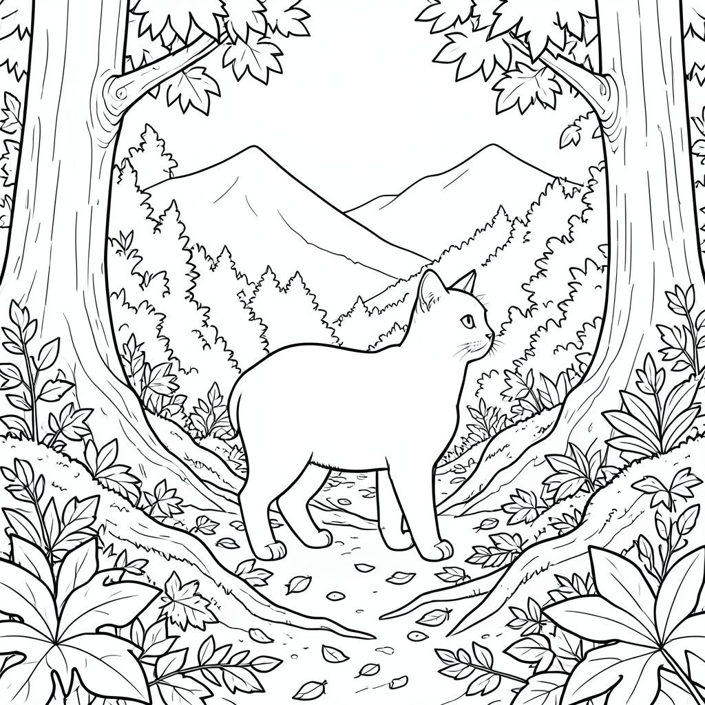 Độc lập, động vật đơn, bốn chân, một đầu, một đuôi, đúng giải phẫu, con mèo, lá mùa thu, sàn rừng, tán lá rậm rạp, lọc ánh sáng mặt trời, , vỏ cây kết cấu, rêu, rễ, lá rụng, đường mòn quanh co, núi xa, bầu trời quang đãng, u ám, , màu xanh lá cây, , phối cảnh khí quyển, tự nhiên, thực tế, chi tiết, mở rộng, tầm nhìn mở rộng, yên bình, thanh bình, yên tĩnh, mùa thu, phân rã, mờ, trang màu, nghệ thuật đường nét, nền trắng, trang màu,  nghệ thuật đường nét, nền trắng, Lời nhắc tiêu cực: hai đầu, hai đầu, thêm đầu, hai đuôi, thêm đuôi, hai thân cây, thêm thân cây, năm chân, thêm chân, ba chân, sáu chân, ba cánh, thêm cánh, đột biến, biến dạng, giải phẫu xấu, thừa chi, hợp nhất, dính liền nhau, trùng lặp, nhiều động vật, nhiều đối tượng, bảng nhân vật, xấu xí, bệnh hoạn, đột biến, biến dạng, tứ chi dị dạng, quá nhiều chân,  quá nhiều đuôi