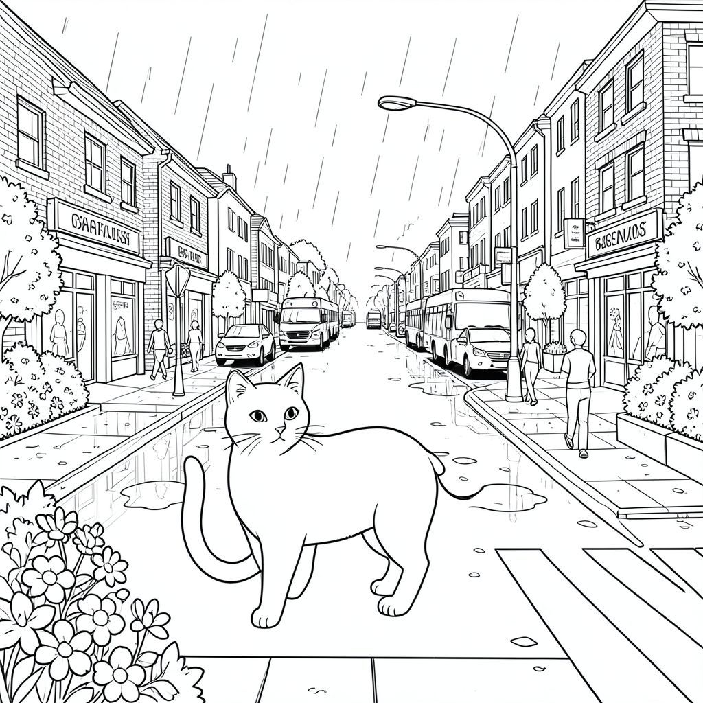 Độc lập, động vật đơn, bốn chân, một đầu, một đuôi, đúng giải phẫu, con mèo, Nhà gạch, đường phố, Ngoại ô, bận rộn, đương đại, Hiện đại, , Nhựa đường, Vỉa hè, Lối đi bộ qua đường, giao thông, Xe, Ô tô, Xe tải, Xe buýt, Người đi bộ, những người, , Sự phản chiếu, mưa, Vũng nước, Đèn đường, , Dấu hiệu, Mặt tiền cửa hàng, Hiển thị cửa sổ, Cây xanh, Hoa, Cây cối, Bụi cây, Hàng rào, Mái nhà, Dọc, Kiến trúc, Chi tiết, Thực tế, Trang tô màu, Nghệ thuật đường, nền trắng, Trang màu, Nghệ thuật đường nét  nền trắng, Lời nhắc tiêu cực: hai đầu, hai đầu, thêm đầu, hai đuôi, thêm đuôi, hai thân cây, thêm thân cây, năm chân, thêm chân, ba chân, sáu chân, ba cánh, thêm cánh, đột biến, biến dạng, giải phẫu xấu, thừa chi, hợp nhất, dính liền nhau, trùng lặp, nhiều động vật, nhiều đối tượng, bảng nhân vật, xấu xí, bệnh hoạn, đột biến, biến dạng, tứ chi dị dạng, quá nhiều chân, quá nhiều đuôi