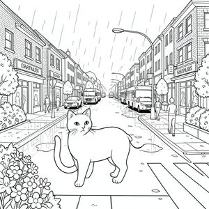 Độc lập, động vật đơn, bốn chân, một đầu, một đuôi, đúng giải phẫu, con mèo, Nhà gạch, đường phố, Ngoại ô, bận rộn, đương đại, Hiện đại, , Nhựa đường, Vỉa hè, Lối đi bộ qua đường, giao thông, Xe, Ô tô, Xe tải, Xe buýt, Người đi bộ, những người, , Sự phản chiếu, mưa, Vũng nước, Đèn đường, , Dấu hiệu, Mặt tiền cửa hàng, Hiển thị cửa sổ, Cây xanh, Hoa, Cây cối, Bụi cây, Hàng rào, Mái nhà, Dọc, Kiến trúc, Chi tiết, Thực tế, Trang tô màu, Nghệ thuật đường, nền trắng, Trang màu, Nghệ thuật đường nét  nền trắng, Lời nhắc tiêu cực: hai đầu, hai đầu, thêm đầu, hai đuôi, thêm đuôi, hai thân cây, thêm thân cây, năm chân, thêm chân, ba chân, sáu chân, ba cánh, thêm cánh, đột biến, biến dạng, giải phẫu xấu, thừa chi, hợp nhất, dính liền nhau, trùng lặp, nhiều động vật, nhiều đối tượng, bảng nhân vật, xấu xí, bệnh hoạn, đột biến, biến dạng, tứ chi dị dạng, quá nhiều chân, quá nhiều đuôi