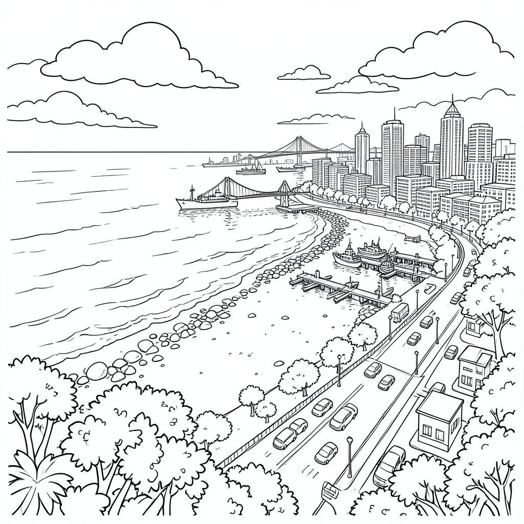 solo, (động vật đơn: 1.3), (bốn chân: 1.3), (một đầu: 1.3), (một đuôi: 1.2), (đúng giải phẫu: 1.4), mèo, Thành phố ven biển, toàn cảnh, nhìn từ trên không, bãi biển, bến cảng, đại dương, sóng, ánh sáng mặt trời, đám mây, bầu trời, tòa nhà, tòa nhà chọc trời, cầu, bến tàu, tàu, thuyền, bờ biển, cát, đá, thảm thực vật, cây cối, tán lá, con đường, đường phố, giao thông, phương tiện, đèn, phản chiếu, nước, chiều sâu, kết cấu, chủ nghĩa thực tế, chi tiết, đẹp như tranh vẽ, ấm áp, giờ, u ám,  xa, trang màu, nghệ thuật đường nét, nền trắng, trang màu, nghệ thuật đường nét, nền trắng, (solo: 1.3), (chủ đề đơn: 1.2), (đúng giải phẫu: 1.4), (giải phẫu hoàn hảo: 1.3), (tỷ lệ chính xác: 1.2)