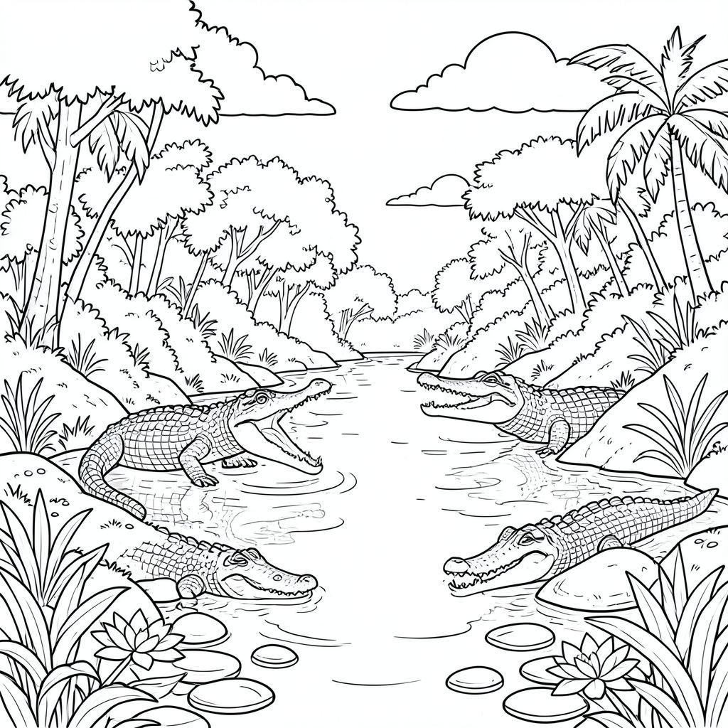 solo, (động vật đơn: 1.3), (bốn chân: 1.3), (một đầu: 1.3), (một đuôi: 1.2), (đúng giải phẫu: 1.4), chó, Sông, nước, , ánh sáng mặt trời, , rêu, đá, cây, tán lá, dày đặc, , , điềm tĩnh, yên bình, thanh thản, nhiệt đới, ấm áp, ướt, bùn, ngân hàng, cá sấu, phơi nắng, , , phản chiếu, gợn sóng, hoa súng, mịn, đá, lũa, mây, bầu trời, , tự nhiên, phong cảnh, rộng, mở rộng, chiều sâu, phối cảnh, trang màu, nghệ thuật đường, nền trắng,  trang màu, nghệ thuật đường nét, nền trắng, (solo: 1.3), (chủ đề đơn: 1.2), (đúng giải phẫu: 1.4), (giải phẫu hoàn hảo: 1.3), (tỷ lệ chính xác: 1.2)