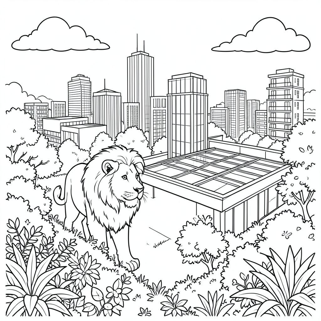 solo, (động vật đơn: 1.3), (bốn chân: 1.3), (một đầu: 1.3), (một đuôi: 1.2), (đúng giải phẫu: 1.4), (sư tử: 1.5), đường chân trời thành phố, sân thượng, sân vườn, rộng lớn, hiện đại, dân cư, thủy tinh, kim loại, sân thượng, tán lá, cây cối, thực vật, ánh sáng mặt trời, mây, toàn cảnh, trang màu, nghệ thuật đường nét, nền trắng, (solo: 1.3), (chủ đề đơn: 1.2), (đúng giải phẫu: 1.4), (giải phẫu hoàn hảo: 1.3), (tỷ lệ chính xác: 1.2)