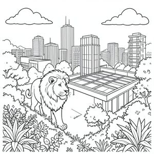 solo, (động vật đơn: 1.3), (bốn chân: 1.3), (một đầu: 1.3), (một đuôi: 1.2), (đúng giải phẫu: 1.4), (sư tử: 1.5), đường chân trời thành phố, sân thượng, sân vườn, rộng lớn, hiện đại, dân cư, thủy tinh, kim loại, sân thượng, tán lá, cây cối, thực vật, ánh sáng mặt trời, mây, toàn cảnh, trang màu, nghệ thuật đường nét, nền trắng, (solo: 1.3), (chủ đề đơn: 1.2), (đúng giải phẫu: 1.4), (giải phẫu hoàn hảo: 1.3), (tỷ lệ chính xác: 1.2)