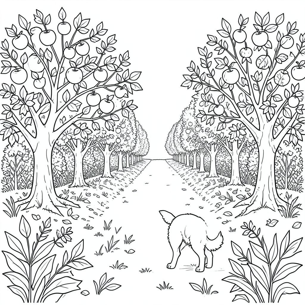 solo, (động vật đơn: 1.3), (bốn chân: 1.3), (một đầu: 1.3), (một đuôi: 1.2), (đúng giải phẫu: 1.4), (chó: 1.5), cây táo, vườn cây ăn quả, mùa thu, tán lá, hàng, thu hoạch, ánh sáng mặt trời, ấm áp, kết cấu, lá, cành, dày đặc, dọc, mở rộng, mở rộng, trang màu, nghệ thuật đường nét, nền trắng, (solo: 1.3), (chủ đề đơn: 1.2), (đúng giải phẫu: 1.4), (giải phẫu hoàn hảo: 1.3), (tỷ lệ chính xác: 1.2)