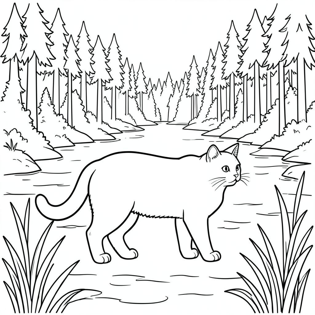 solo, chủ đề đơn, bốn chân, một đầu, một đuôi, đúng giải phẫu, con mèo, Hồ chứa, rộng lớn, mở rộng, Nước, rừng, bờ biển, rừng, rậm rạp, rậm rạp, cao, Thân cây, Trang tô màu, nghệ thuật đường nét, nền trắng, Solo, chủ đề đơn, đúng giải phẫu, giải phẫu hoàn hảo