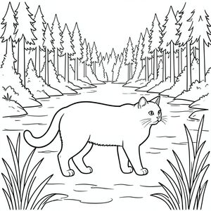 solo, chủ đề đơn, bốn chân, một đầu, một đuôi, đúng giải phẫu, con mèo, Hồ chứa, rộng lớn, mở rộng, Nước, rừng, bờ biển, rừng, rậm rạp, rậm rạp, cao, Thân cây, Trang tô màu, nghệ thuật đường nét, nền trắng, Solo, chủ đề đơn, đúng giải phẫu, giải phẫu hoàn hảo