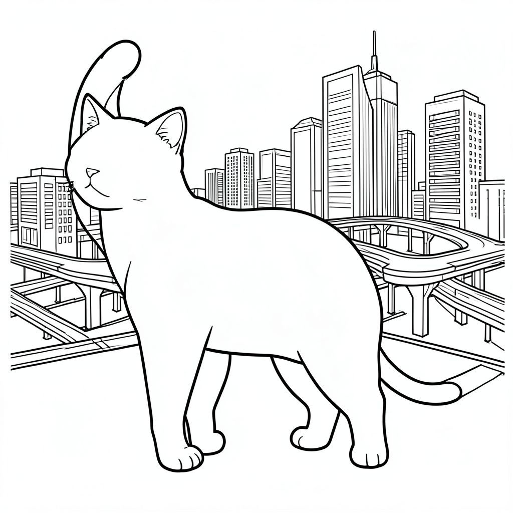 solo, chủ đề đơn, bốn chân, một đầu, một đuôi, đúng giải phẫu, con mèo, Đường cao tốc, Đường cao tốc, trao đổi, Lá cỏ ba lá, Toàn cảnh, rộng, Hiện đại, Cảnh quan thành phố, cao tầng, Tòa nhà, Trang tô màu, nghệ thuật đường nét, nền trắng, Solo, chủ đề đơn, chính xác về mặt giải phẫu, giải phẫu hoàn hảo