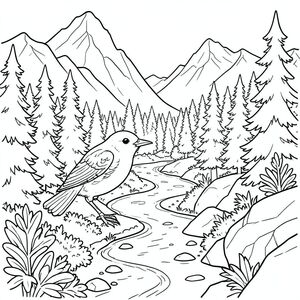 solo, một con chim, hai chân, hai cánh, một mỏ, đúng giải phẫu, chim, Núi đá, sông quanh co, cây thông, thung lũng, tán lá, ánh sáng mặt trời, dày đặc, cao, con đường quanh co, đá, trang màu, nghệ thuật đường, nền trắng, solo, chủ đề đơn, đúng về mặt giải phẫu, giải phẫu hoàn hảo