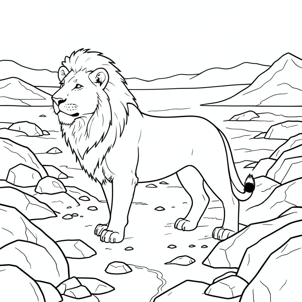 solo, chủ đề đơn, bốn chân, một đầu, một đuôi, chính xác về mặt giải phẫu, sư tử, băng tuyết, rộng lớn, tảng đá, rải rác, địa hình đá, hoang vắng, mở rộng, phong cảnh, toàn cảnh, góc rộng, trang màu, nghệ thuật đường nét, nền trắng, solo, chủ đề đơn, chính xác về mặt giải phẫu, giải phẫu hoàn hảo