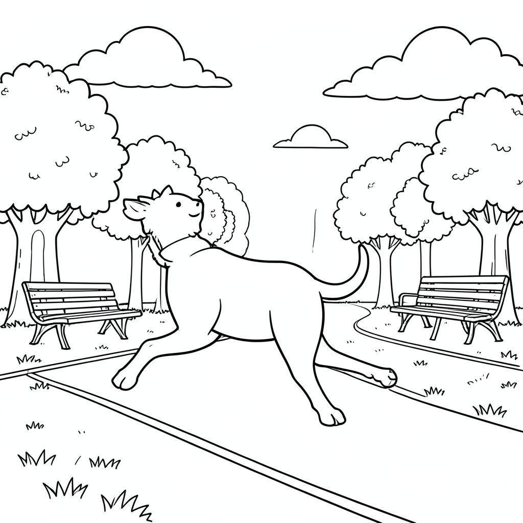 solo, chủ đề đơn, bốn chân, một cái đầu, một cái đuôi, đúng giải phẫu, thú vật, công viên thành phố, đường chạy, đường trải nhựa, cỏ, cây cối, băng ghế công viên, ánh sáng mặt trời, đám mây, bầu trời, phong cảnh đô thị, trang màu, nghệ thuật đường, nền trắng, solo, chủ đề đơn, chính xác về mặt giải phẫu, giải phẫu hoàn hảo