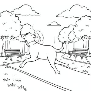 solo, chủ đề đơn, bốn chân, một cái đầu, một cái đuôi, đúng giải phẫu, thú vật, công viên thành phố, đường chạy, đường trải nhựa, cỏ, cây cối, băng ghế công viên, ánh sáng mặt trời, đám mây, bầu trời, phong cảnh đô thị, trang màu, nghệ thuật đường, nền trắng, solo, chủ đề đơn, chính xác về mặt giải phẫu, giải phẫu hoàn hảo