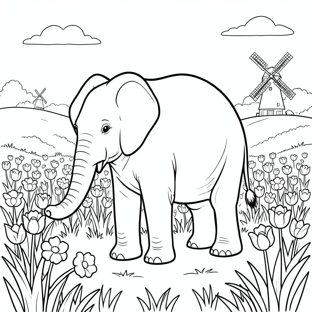 solo, một con voi, một thân cây, bốn chân, hai tai lớn, một đuôi, đúng về mặt giải phẫu, voi, cánh đồng hoa tulip, nở hoa, cỏ, đồi thoai thoải, cối xay gió, xa, mờ mịt, bầu trời quang đãng, ánh sáng mặt trời, ấm áp, trang màu, nghệ thuật đường, nền trắng, solo, chủ đề đơn, đúng về mặt giải phẫu, giải phẫu hoàn hảo