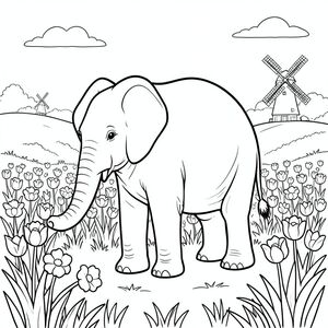 solo, một con voi, một thân cây, bốn chân, hai tai lớn, một đuôi, đúng về mặt giải phẫu, voi, cánh đồng hoa tulip, nở hoa, cỏ, đồi thoai thoải, cối xay gió, xa, mờ mịt, bầu trời quang đãng, ánh sáng mặt trời, ấm áp, trang màu, nghệ thuật đường, nền trắng, solo, chủ đề đơn, đúng về mặt giải phẫu, giải phẫu hoàn hảo