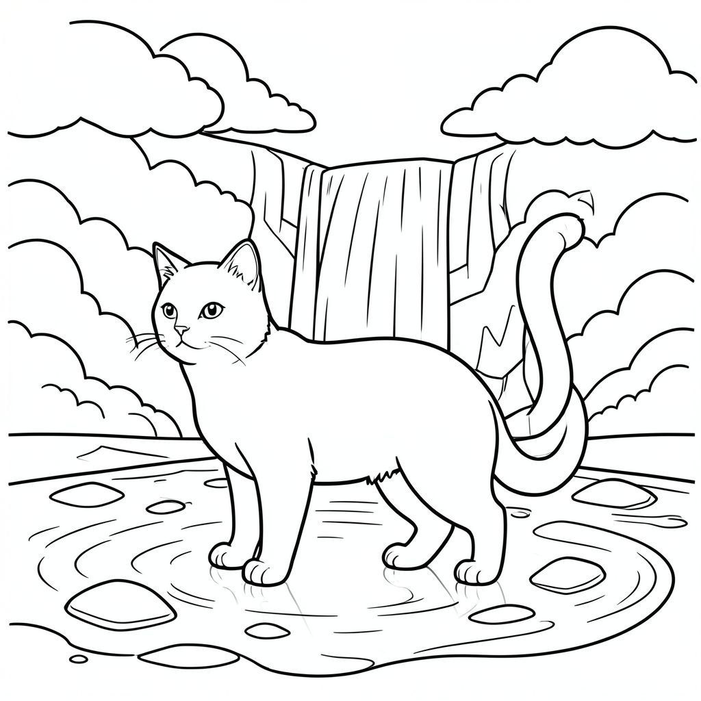 solo, chủ đề đơn, bốn chân, một đầu, một đuôi, đúng về mặt giải phẫu, con mèo, thác nước, bầu trời, đám mây, ánh sáng mặt trời, phản chiếu, hình dạng hình học, bề mặt nhẵn, đá đánh bóng, cát ướt, gợn sóng, trang màu, nghệ thuật đường nét, nền trắng, solo, chủ đề đơn, đúng giải phẫu, giải phẫu hoàn hảo