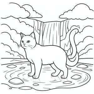 solo, chủ đề đơn, bốn chân, một đầu, một đuôi, đúng về mặt giải phẫu, con mèo, thác nước, bầu trời, đám mây, ánh sáng mặt trời, phản chiếu, hình dạng hình học, bề mặt nhẵn, đá đánh bóng, cát ướt, gợn sóng, trang màu, nghệ thuật đường nét, nền trắng, solo, chủ đề đơn, đúng giải phẫu, giải phẫu hoàn hảo