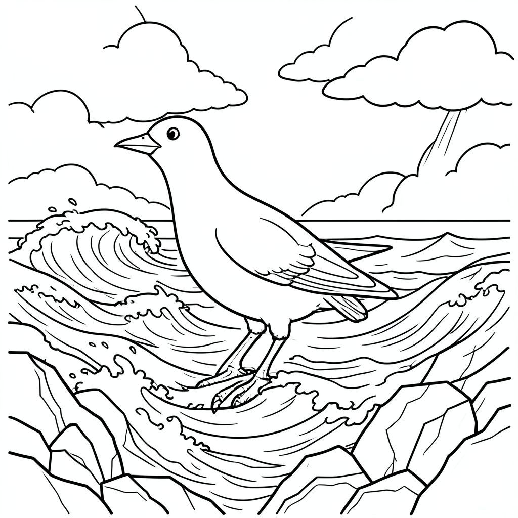 Độc mình, một con chim, hai chân, hai cánh, một mỏ, chính xác về mặt giải phẫu, chim, sóng, Bờ đá, Nước, Sóng vỗ, Đường bờ biển, Đá lởm chởm, Biển hỗn loạn, Ánh sáng mặt trời, Mây bão, mãnh liệt, Trang màu, Nghệ thuật đường, nền trắng, Solo, Chủ đề đơn, Đúng về mặt giải phẫu, Giải phẫu hoàn hảo