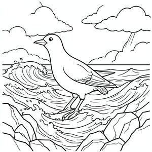 Độc mình, một con chim, hai chân, hai cánh, một mỏ, chính xác về mặt giải phẫu, chim, sóng, Bờ đá, Nước, Sóng vỗ, Đường bờ biển, Đá lởm chởm, Biển hỗn loạn, Ánh sáng mặt trời, Mây bão, mãnh liệt, Trang màu, Nghệ thuật đường, nền trắng, Solo, Chủ đề đơn, Đúng về mặt giải phẫu, Giải phẫu hoàn hảo