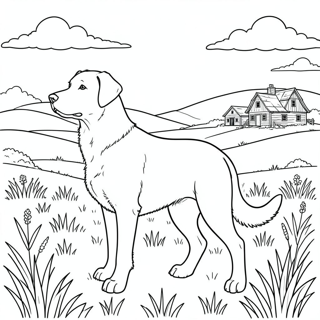 solo, chủ đề đơn, bốn chân, một cái đầu, một cái đuôi, đúng về mặt giải phẫu,, đồng cỏ rộng lớn, không gian mở, những ngọn đồi thoai thoải, trang trại xa, các tòa nhà bị phong hóa, cánh đồng ánh nắng, bầu trời, những đám mây, ấm áp, giờ, trang màu, nghệ thuật đường, nền trắng, solo, chủ đề đơn, chính xác về mặt giải phẫu, giải phẫu hoàn hảo