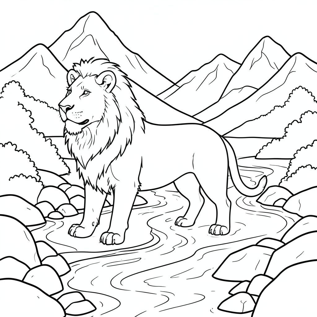 solo, chủ đề đơn, bốn chân, một đầu, một đuôi, đúng giải phẫu, sư tử, Núi, sông, Nước, đá, mịn, rõ ràng, vội vàng, rộng, mở rộng, phong cảnh, trang tô màu, nghệ thuật đường, nền trắng, solo, chủ đề đơn, đúng về mặt giải phẫu, giải phẫu hoàn hảo