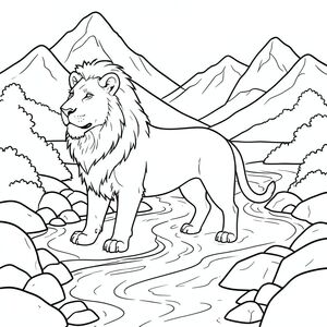 solo, chủ đề đơn, bốn chân, một đầu, một đuôi, đúng giải phẫu, sư tử, Núi, sông, Nước, đá, mịn, rõ ràng, vội vàng, rộng, mở rộng, phong cảnh, trang tô màu, nghệ thuật đường, nền trắng, solo, chủ đề đơn, đúng về mặt giải phẫu, giải phẫu hoàn hảo