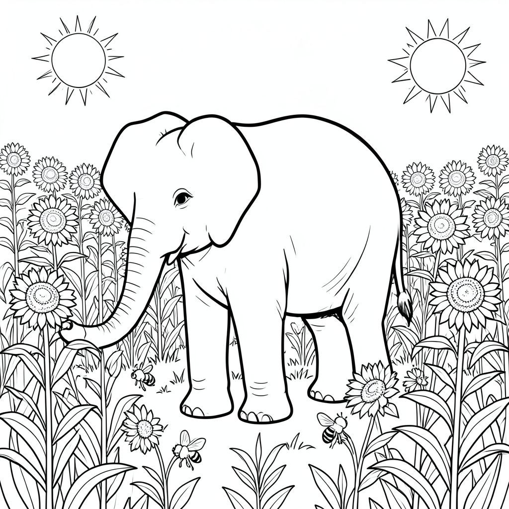 solo, một con voi, một thân cây, bốn chân, hai tai lớn, một đuôi, chính xác về mặt giải phẫu, voi, cánh đồng hướng dương, ong, mặt trời mùa hè, giữa trưa, nhiệt, rộng lớn, mở rộng, cao, cuống, dày đặc, trang màu, nghệ thuật đường, nền trắng, solo, chủ đề đơn, đúng về mặt giải phẫu, giải phẫu hoàn hảo
