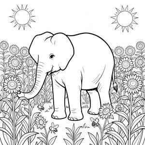 solo, một con voi, một thân cây, bốn chân, hai tai lớn, một đuôi, chính xác về mặt giải phẫu, voi, cánh đồng hướng dương, ong, mặt trời mùa hè, giữa trưa, nhiệt, rộng lớn, mở rộng, cao, cuống, dày đặc, trang màu, nghệ thuật đường, nền trắng, solo, chủ đề đơn, đúng về mặt giải phẫu, giải phẫu hoàn hảo