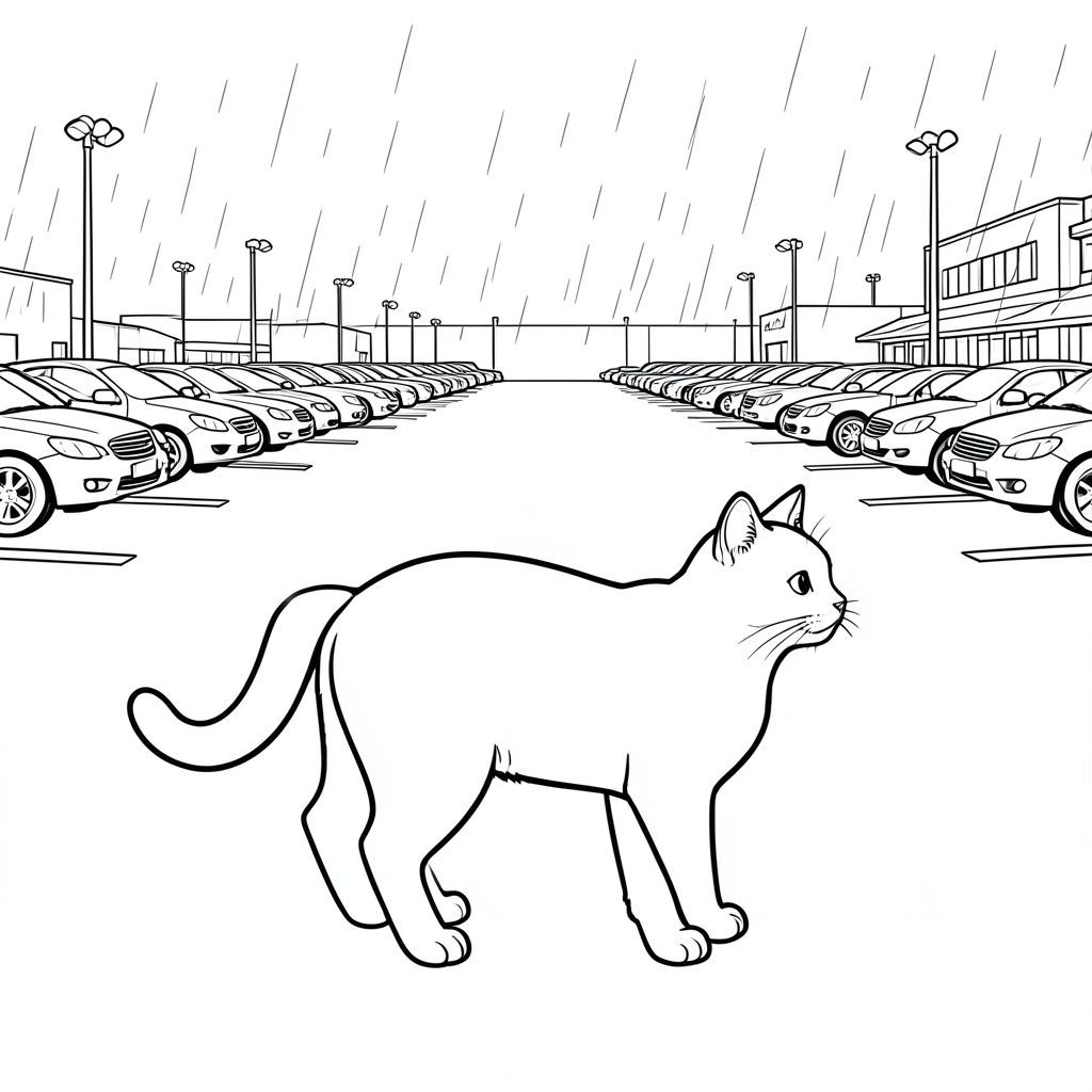 solo, chủ đề đơn, bốn chân, một đầu, một đuôi, đúng về mặt giải phẫu, con mèo, lái xe, bãi đậu xe, hàng ô tô, nhựa đường, mưa, đèn, đèn mờ, mở rộng, góc rộng, chạng vạng, trang màu, nghệ thuật đường nét, nền trắng, solo, chủ đề đơn, đúng giải phẫu, giải phẫu hoàn hảo