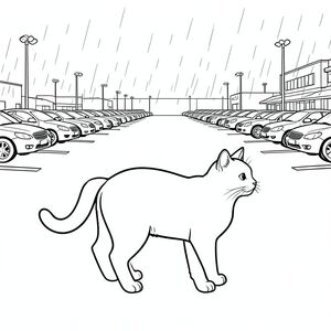 solo, chủ đề đơn, bốn chân, một đầu, một đuôi, đúng về mặt giải phẫu, con mèo, lái xe, bãi đậu xe, hàng ô tô, nhựa đường, mưa, đèn, đèn mờ, mở rộng, góc rộng, chạng vạng, trang màu, nghệ thuật đường nét, nền trắng, solo, chủ đề đơn, đúng giải phẫu, giải phẫu hoàn hảo
