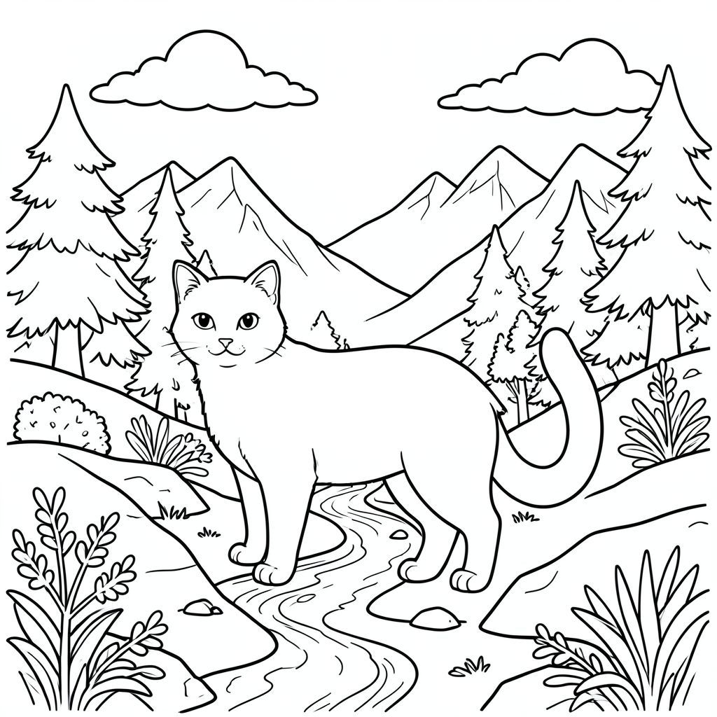 solo, chủ đề đơn, bốn chân, một đầu, một đuôi, đúng giải phẫu, con mèo, Thung lũng núi, tuyết, tan chảy, suối, mùa xuân, tán lá, đá, cây, Ánh sáng mặt trời, đám mây, Trang màu, nghệ thuật đường, nền trắng, solo, chủ đề đơn, đúng giải phẫu, giải phẫu hoàn hảo