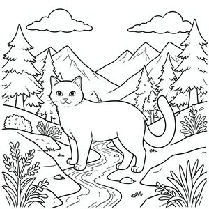 solo, chủ đề đơn, bốn chân, một đầu, một đuôi, đúng giải phẫu, con mèo, Thung lũng núi, tuyết, tan chảy, suối, mùa xuân, tán lá, đá, cây, Ánh sáng mặt trời, đám mây, Trang màu, nghệ thuật đường, nền trắng, solo, chủ đề đơn, đúng giải phẫu, giải phẫu hoàn hảo