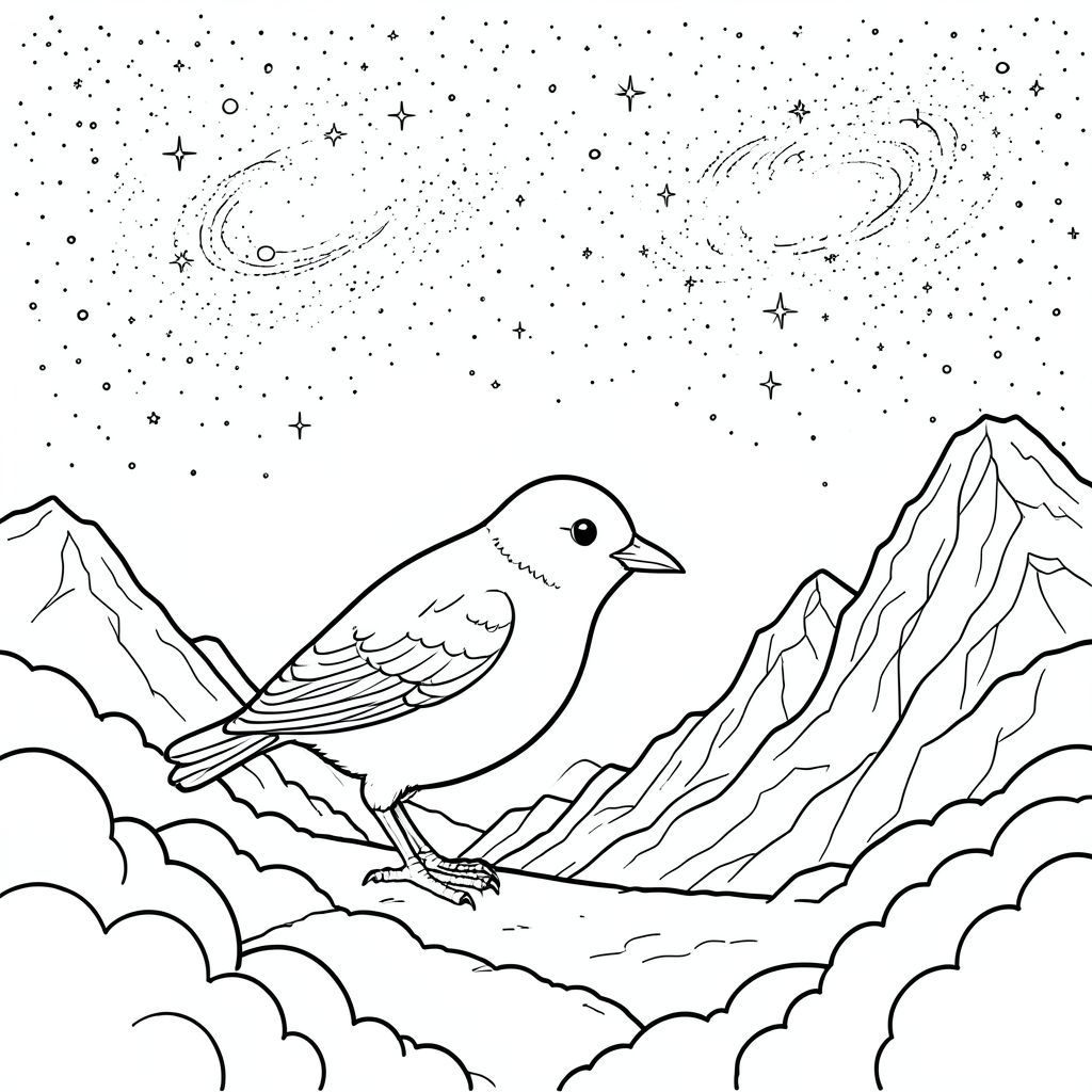 Độc lập, một con chim, hai chân, hai cánh, một mỏ, đúng giải phẫu, chim, bầu trời đầy sao rộng lớn, thiên hà, núi, đỉnh đá, im lặng, chi tiết, thực tế, Môi trường, tiền cảnh, đám mây, trang màu, nghệ thuật đường, nền trắng, Solo, chủ đề đơn, chính xác về mặt giải phẫu, giải phẫu hoàn hảo