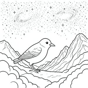 Độc lập, một con chim, hai chân, hai cánh, một mỏ, đúng giải phẫu, chim, bầu trời đầy sao rộng lớn, thiên hà, núi, đỉnh đá, im lặng, chi tiết, thực tế, Môi trường, tiền cảnh, đám mây, trang màu, nghệ thuật đường, nền trắng, Solo, chủ đề đơn, chính xác về mặt giải phẫu, giải phẫu hoàn hảo