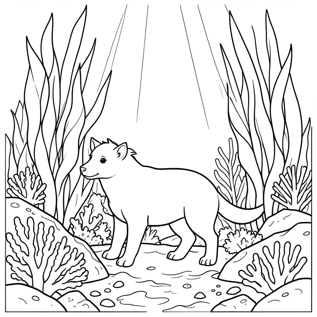 solo, chủ đề đơn, bốn chân, một đầu, một đuôi, đúng về mặt giải phẫu, thú vật, Dưới nước, rừng tảo bẹ, cao chót vót, ánh sáng mặt trời, chùm tia, sóng, san hô, đá, khoáng sản, độ sâu, trang màu, nghệ thuật đường nét, nền trắng, solo, chủ đề đơn, chính xác về mặt giải phẫu, giải phẫu hoàn hảo