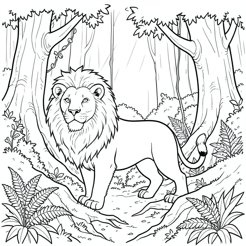 solo, chủ đề đơn, bốn chân, một đầu, một đuôi, đúng về mặt giải phẫu, sư tử, rêu dày đặc, cây khổng lồ, rễ cổ xưa, lọc ánh sáng mặt trời, không khí ẩm, dương xỉ, dây leo, tán lá, nhiều lớp, kết cấu, trang màu, nghệ thuật đường, nền trắng, solo, chủ đề đơn, đúng về mặt giải phẫu, giải phẫu hoàn hảo