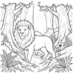 solo, chủ đề đơn, bốn chân, một đầu, một đuôi, đúng về mặt giải phẫu, sư tử, rêu dày đặc, cây khổng lồ, rễ cổ xưa, lọc ánh sáng mặt trời, không khí ẩm, dương xỉ, dây leo, tán lá, nhiều lớp, kết cấu, trang màu, nghệ thuật đường, nền trắng, solo, chủ đề đơn, đúng về mặt giải phẫu, giải phẫu hoàn hảo