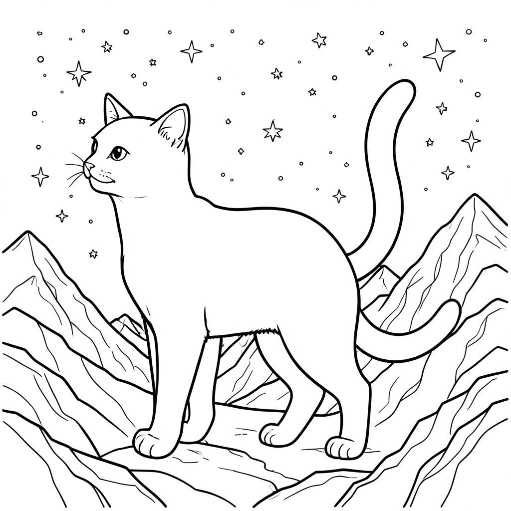 solo, chủ đề đơn, bốn chân, một đầu, một đuôi, chính xác về mặt giải phẫu, con mèo, Ngôi sao, thiên hà, đêm, Bầu trời, núi, đá, đỉnh, rộng lớn, trắng, chi tiết, trang màu, nghệ thuật đường, nền trắng, solo, chủ đề đơn, chính xác về mặt giải phẫu, giải phẫu hoàn hảo