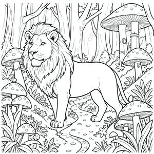 solo, chủ đề đơn, bốn chân, một đầu, một đuôi, đúng giải phẫu, sư tử, Rừng pha lê, nấm, nấm khổng lồ, tán lá rậm rạp, đường quanh co, nền phức tạp, và trắng, nghệ thuật đường, steampunk, một, trang màu, nghệ thuật đường, nền trắng, solo, chủ đề đơn, đúng về mặt giải phẫu, giải phẫu hoàn hảo