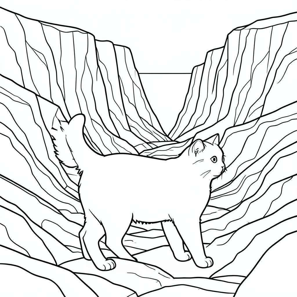 solo, chủ đề đơn, bốn chân, một đầu, một đuôi, chính xác về mặt giải phẫu, con mèo, Hẻm núi, phong cảnh, lớp đá, trầm tích, nhiều lớp, rộng lớn, rộng, dốc, dọc, ánh sáng mặt trời, trang màu, nghệ thuật đường nét, nền trắng, solo, chủ đề đơn, chính xác về mặt giải phẫu, giải phẫu hoàn hảo