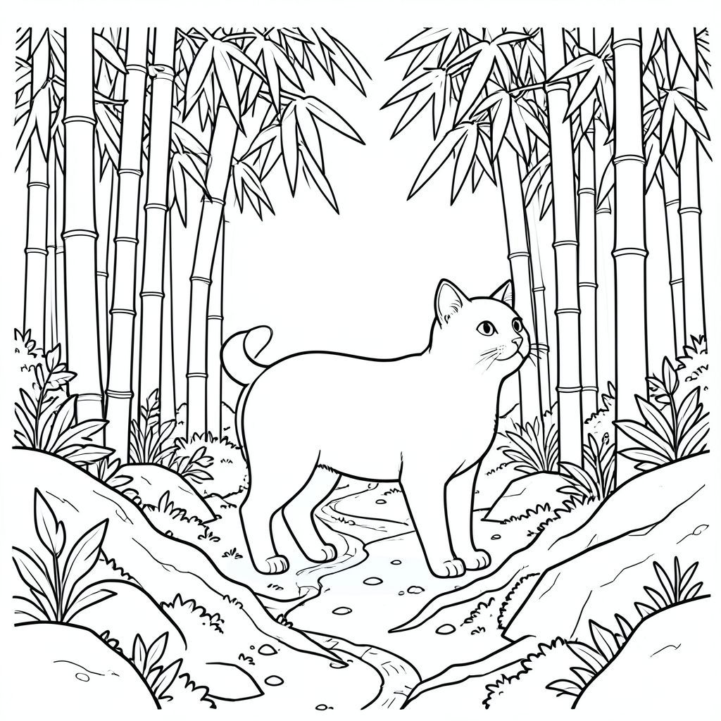 solo, chủ đề đơn, bốn chân, một đầu, một đuôi, đúng giải phẫu, con mèo, tre rậm rạp, thân cây cao, ánh sáng mặt trời, lốm đốm, sàn rừng, rêu, đá, rễ, con đường quanh co, tán lá, trang màu, nghệ thuật đường, nền trắng, solo, chủ đề đơn, đúng về mặt giải phẫu, giải phẫu hoàn hảo