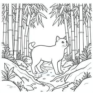 solo, chủ đề đơn, bốn chân, một đầu, một đuôi, đúng giải phẫu, con mèo, tre rậm rạp, thân cây cao, ánh sáng mặt trời, lốm đốm, sàn rừng, rêu, đá, rễ, con đường quanh co, tán lá, trang màu, nghệ thuật đường, nền trắng, solo, chủ đề đơn, đúng về mặt giải phẫu, giải phẫu hoàn hảo