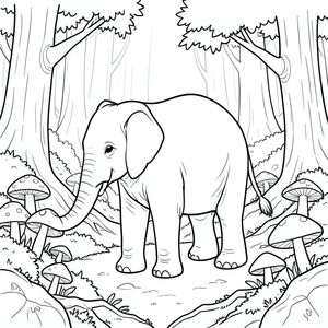 solo, một con voi, một thân cây, bốn chân, hai tai lớn, một đuôi, đúng về mặt giải phẫu, voi, Rừng pha lê, nấm, cây lớn, rêu, đá, rễ, ánh sáng mặt trời, chiều sâu, phối cảnh, phát sáng thanh tao, trang màu, nghệ thuật đường, nền trắng, solo, chủ đề đơn, đúng về mặt giải phẫu, giải phẫu hoàn hảo